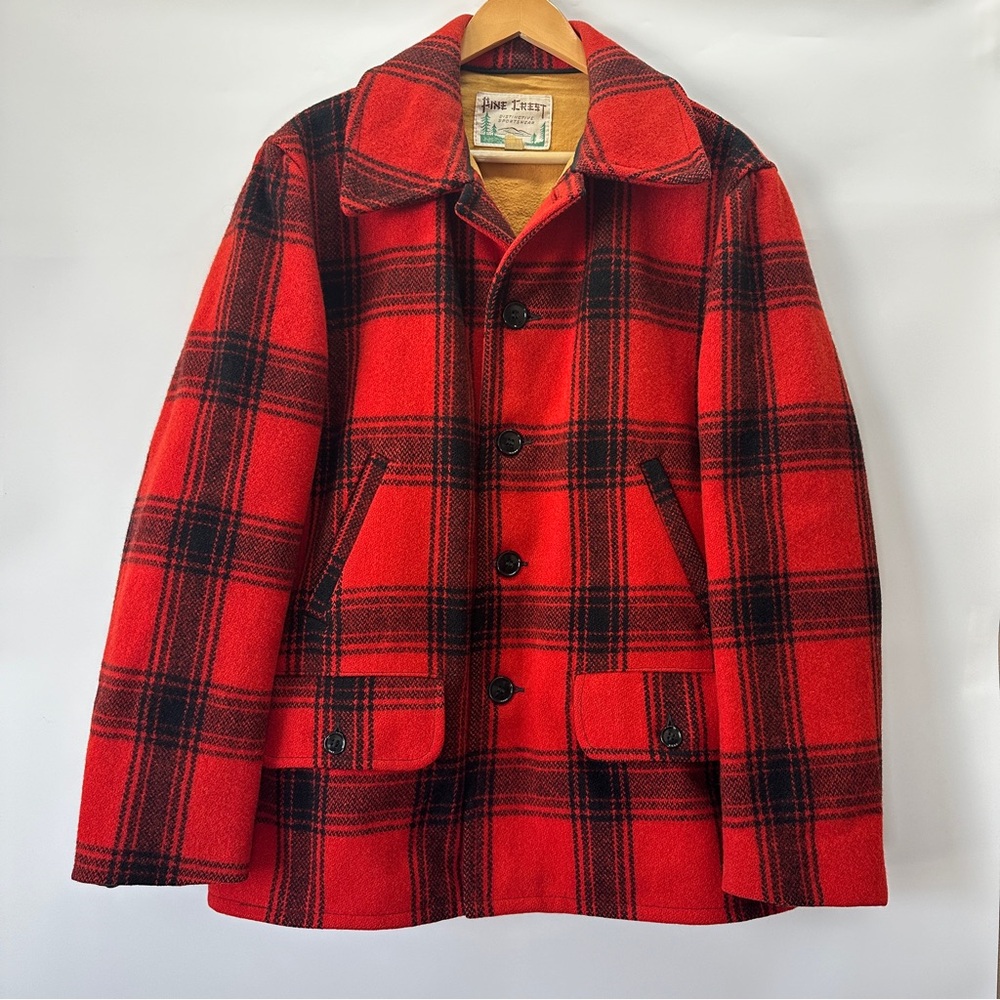 VTG Pine Crest Men’s Size 42 Black and Red Plaid Wool‎ Jacket Peacoat Sportswear